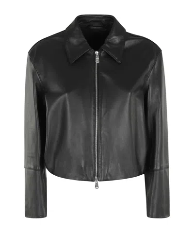 Dondup Long-sleeved Leather Jacket In Black