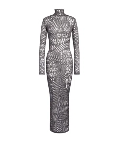 Dondup Crochet-knit Long-sleeve Maxi Dress In Gray