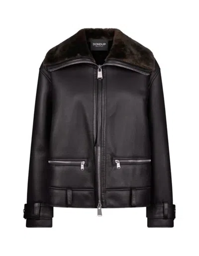 Dondup Loose-fitting High Collar Leather Jacket In Black