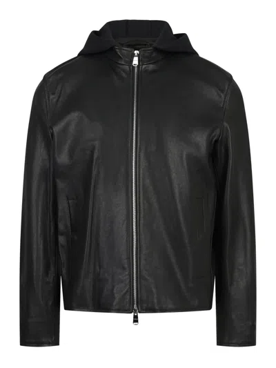 Dondup Men's Leather Hooded Jacket With Zip Fastening And Front Pockets In Black