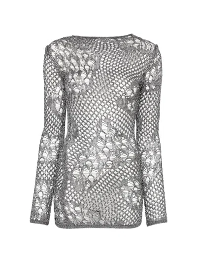 Dondup Open-knit Long-sleeve Mini Dress In Gray