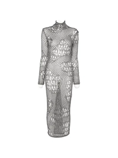 Dondup Open-knit Long-sleeved Midi Dress In Silver