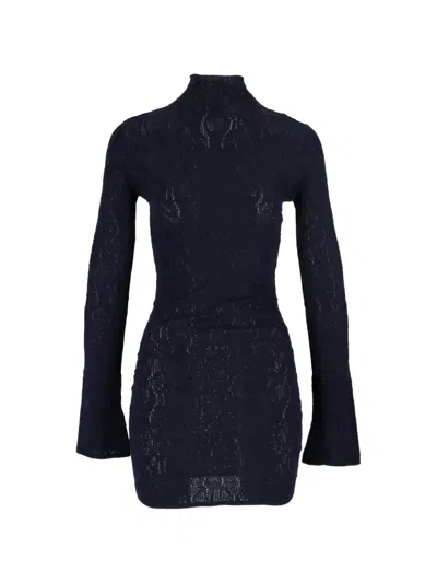 Dondup Pointelle-knit High-neck Mini Dress In Blue