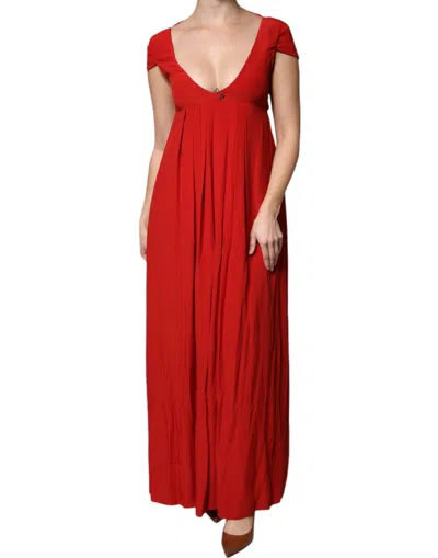 Pre-owned Dondup Red Acetate Short Sleeves Plunging Neckline Maxi Women's Dress ()