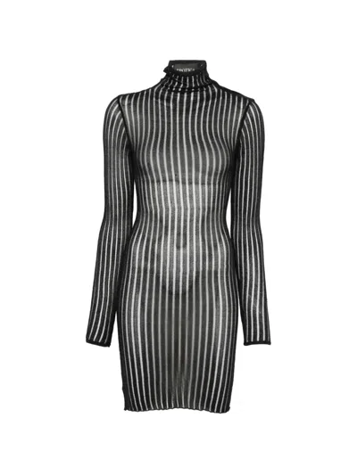 Dondup Knee Length Knit High Neck Sheer Stripes In Black