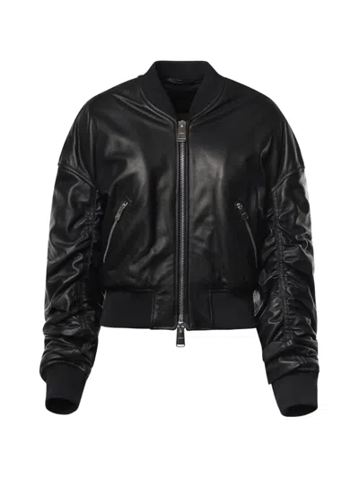 Dondup Ruched Leather Bomber Jacket In Black