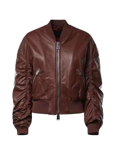 Dondup Ruched Leather Bomber Jacket In Brown