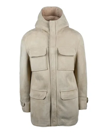 Dondup Shearling Leather Jacket With Hood And Multi-pocket Design In Neutral