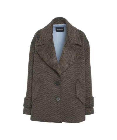 Dondup Short Herringbone Peacoat With Notched Collar And Tailored Details In Gray