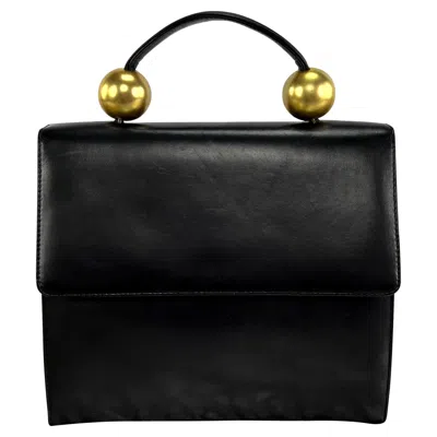 Pre-owned Donna Karan 1980s  Gold Bauble Black Leather Top Handle Crossbody Bag