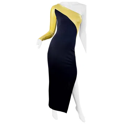Pre-owned Donna Karan 1980s  New York Gold & Black One-shoulder Bodycon Stretch-wool Gown