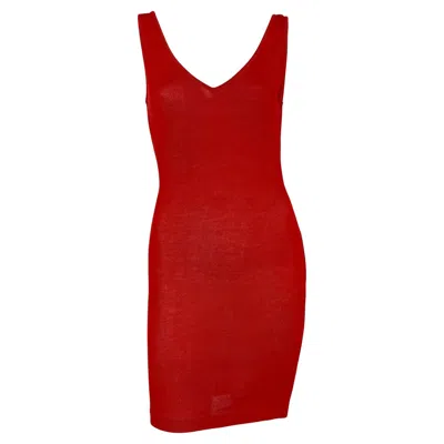 Pre-owned Donna Karan 1980s  Sheer Red Knit Bodycon V Neck Cocktail Dress Petite