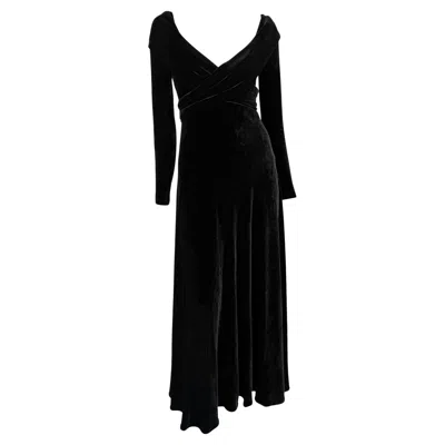 Pre-owned Donna Karan 1990s  Black Velvet Bodycon Stretch Plunging Bodysuit Evening Gown