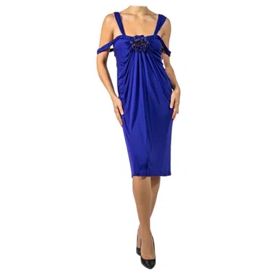Pre-owned Donna Karan 1990s  Purple Rayon Draped Dress With Braided Neckline And Flower
