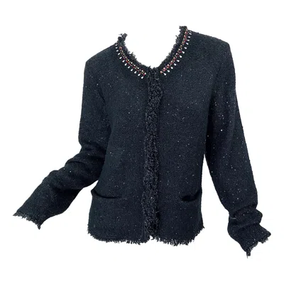 Pre-owned Donna Karan 1990s  Xl Sequined Beaded Rhinestone Vintage Black Cardigan Sweater