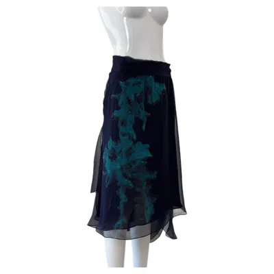 Pre-owned Donna Karan 2000 Vintage Blue Silk Runway Print Skirt