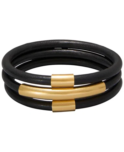 Donna Karan 3-piece Black Leather Gold-tone Bangle Set In Jet