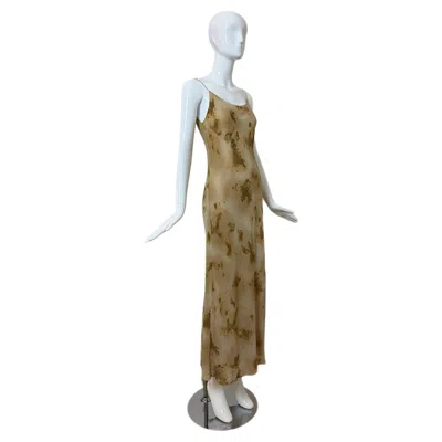 Pre-owned Donna Karan 90's Vintage It42 Silk Marbled Print Slip Gown Maxi Dress In Brown