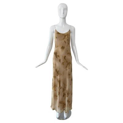 Pre-owned Donna Karan 90's Vintage Silk Marbled Print Slip Gown Maxi Dress In Brown