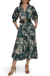 Donna Karan Abstract Floral Belted Midi Shirtdress In Green