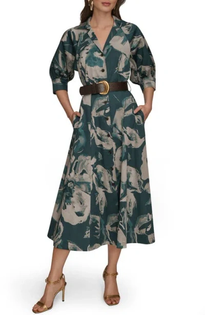 Donna Karan Abstract Floral Belted Midi Shirtdress In Green