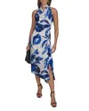 Donna Karan New York Floral Cowl Neck Asymmetric Dress In Blue