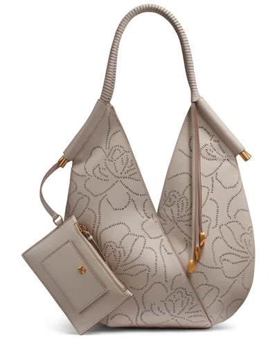 Donna Karan Baldwin Floral Perforated Large Shoulder Bag In Sand