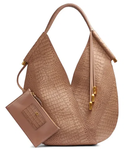 Donna Karan Baldwin Large Croco Wave With Leather Wrapped Rounded Handle Shoulder Bag In Toasted Almond