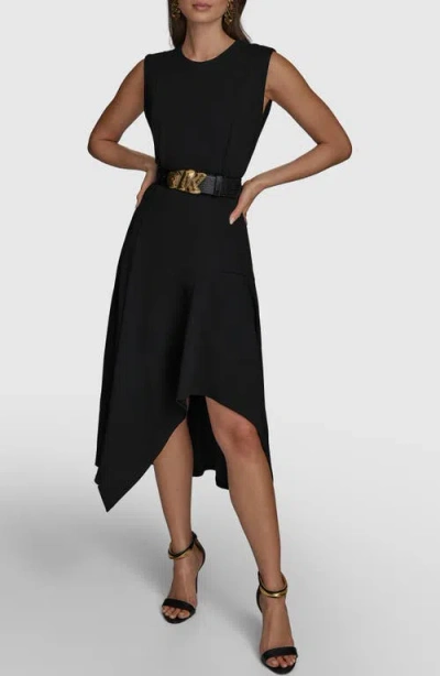 Donna Karan Belted Handkerchief Hem Midi Dress In Black