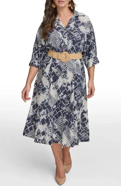 Donna Karan Belted Linen Blend Midi Dress In Multi