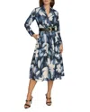 Donna Karan New York Floral Print Belted Long Sleeve Midi Dress In Nightfall