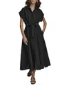 Donna Karan New York Drawstring Waist Linen Blend Shirtdress In Black