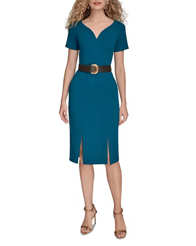 Donna Karan Belted Midi Sheath Dress In Blue