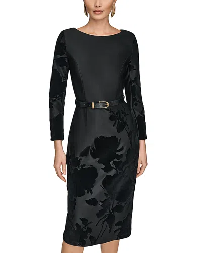 Donna Karan New York Velvet Floral Belted Long Sleeve Sheath Dress In Black