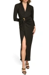 Donna Karan Belted Slit Long Sleeve Maxi Dress In Black