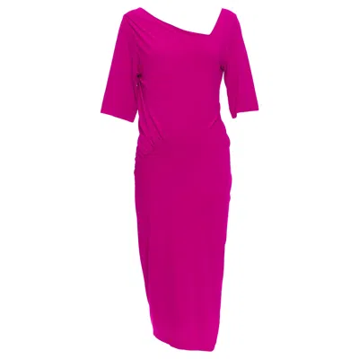 Pre-owned Donna Karan Berry Pink Asymmetric Neck Tuck Draped Midi Dress L