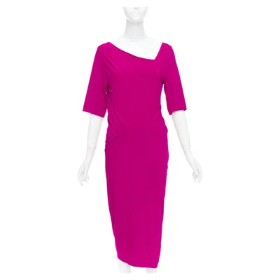 Pre-owned Donna Karan Berry Pink Asymmetric Neck Tuck Draped Midi Dress L