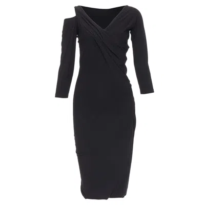Donna Karan Black Drape Front Asymmetric Cold Shoulder Dress
