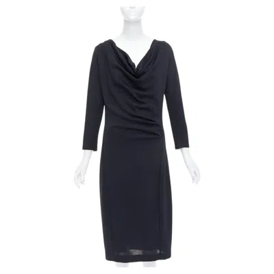 Pre-owned Donna Karan Black Draped Cowl Neck Long Sleeve Midi Dress L