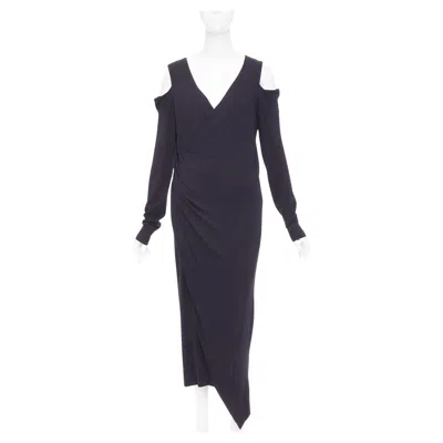 Pre-owned Donna Karan Black Jersey Cold Shoulder Long Sleeve Side Drape Dress L