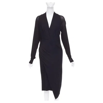 Pre-owned Donna Karan Black Jersey Sheer Mesh Raglan Drape Plunge High Low Dress L