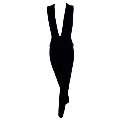 Pre-owned Donna Karan Black Knit Plunging Stretch Stirrup Pant Jumpsuit 1980s Medium