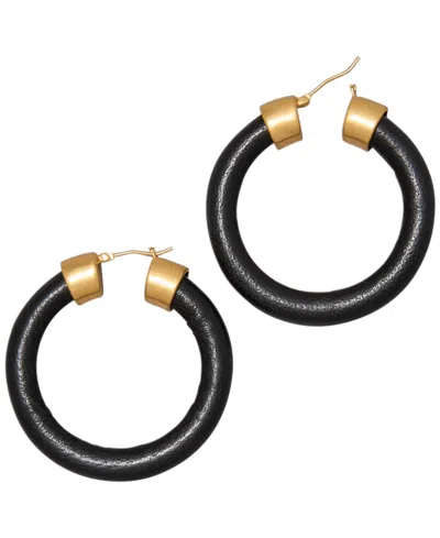 Donna Karan Black Leather Gold-tone Hoop Earrings In Jet