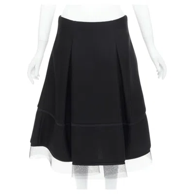Pre-owned Donna Karan Black Scuba Pleated Tulle Mesh Trim A-line Skirt Fr40 L