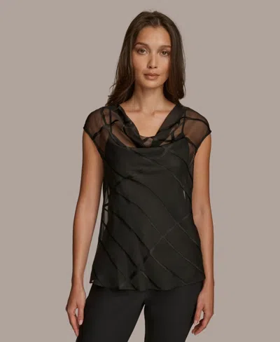 Donna Karan Blouse Top Women's Black Sleeveless Sheer Cowl Neck Fts1504