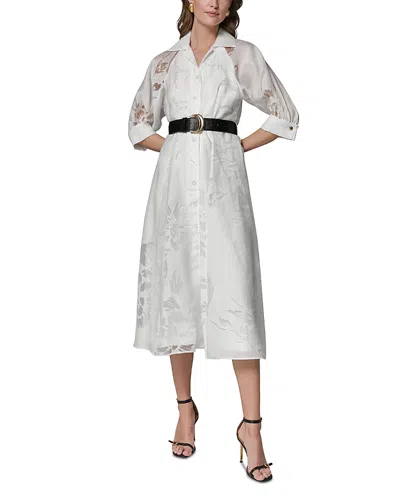 Donna Karan Burnout Jacquard Collared Midi Shirt Dress In White