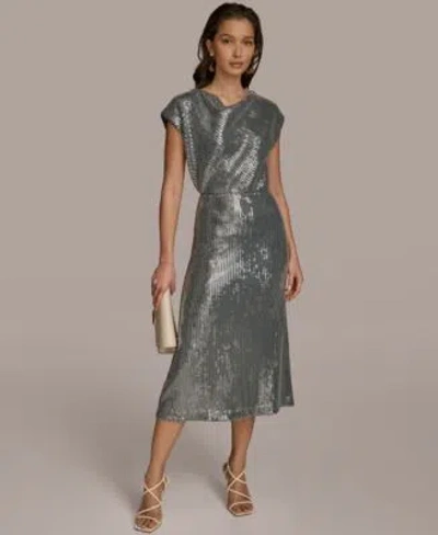 Donna Karan Cap Sleeve Sequin Top Midi Skirt In Storm