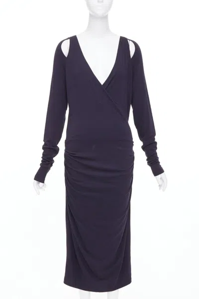 Pre-owned Donna Karan Charcoal Grey Cold Shoulder Plunge V Neck Long Sleeve Dress L In Gray