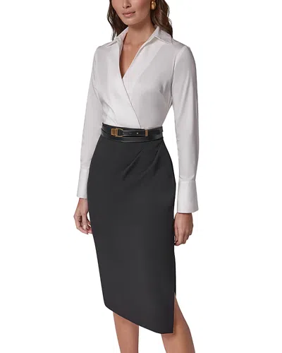Donna Karan Collared Mixed Media Belted Pencil Dress In White