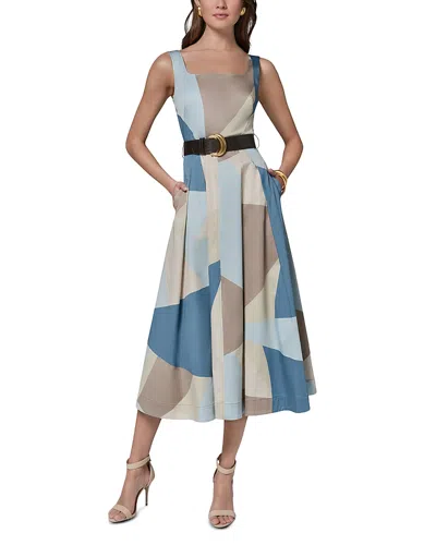 Donna Karan New York Abstract Pleated Sleeveless Belted Stretch Cotton Midi Dress In Multi